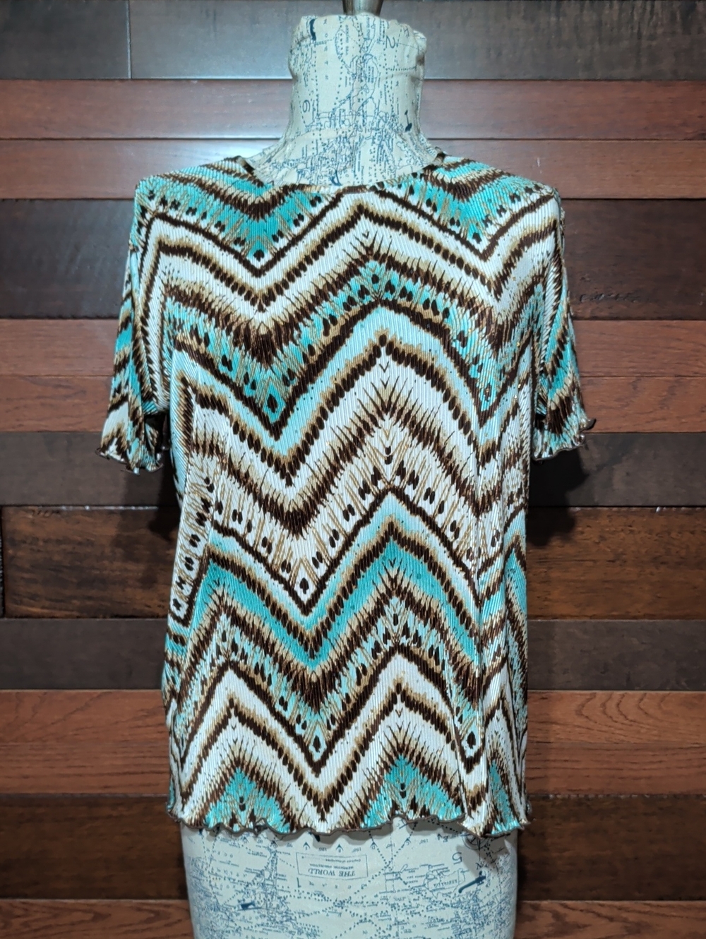 Alfred Dunner Women's Chevron Print Short Sleeve Top - Turquoise & Brown